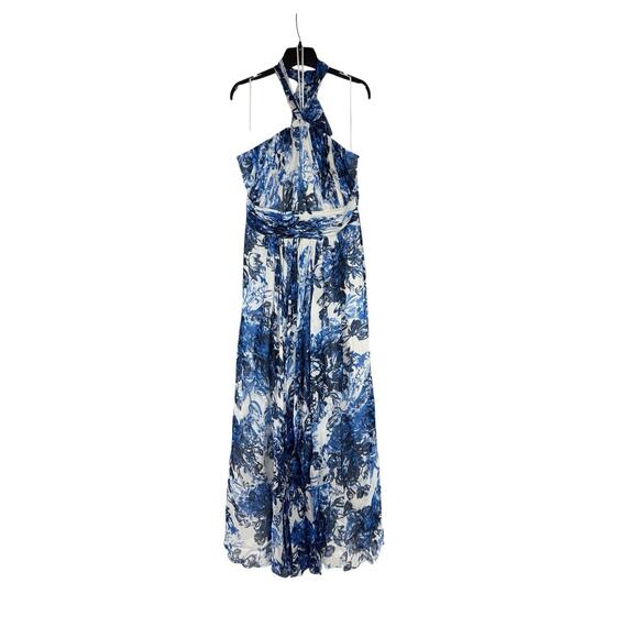 Kay Unger Dresses & Skirts - Kay Unger Blue White Floral Silk Halter Maxi Dress Evening Gown Womens 12